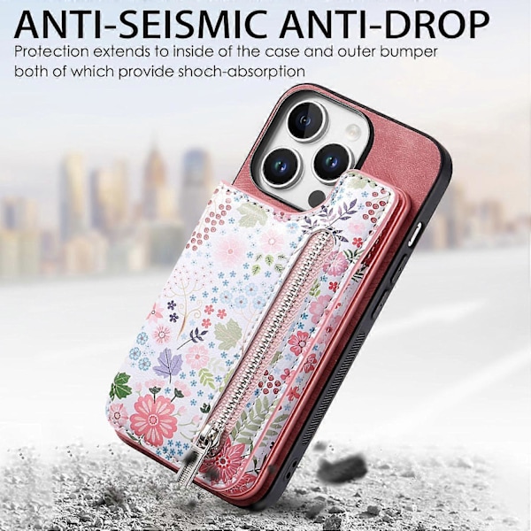 D10 Fodral för iPhone 16 Pro Max Mönster Ställ Plånbok Läder+TPU Telefonskal RFID-skydd - Grön Multicolor Pink