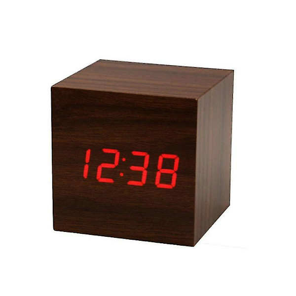 Fyrkantig träväckarklocka Barn Student Elektronisk Klocka Mini Röstaktiverad Led Träklocka