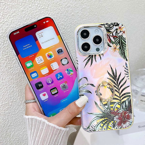 Blommig Lasertextur Skal för iPhone 15 Pro Max med Ringstativ Multicolor Style H