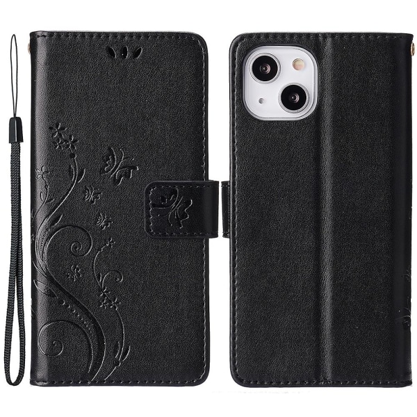 För Iphone 15 Plus Pu Läder Cover Phone case Imprinted Butterflies Shell Stand with rem Black