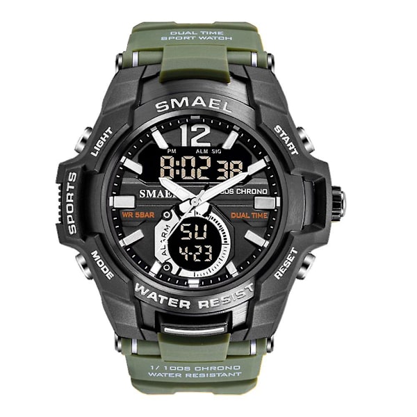 Smael Dual Time Army -urheilukello miehille, valoisa, vedenpitävä kvartsi digitaalinen rannekello herätyskellolla ja LED-taustavalolla sekä kalenterilla 1805 Green