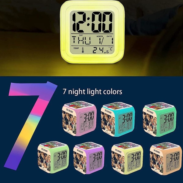 Färgglad LED digital väckarklocka, för Bts färg nattljusklocka för att väcka sömn, Lätt att ställa in 3-sidig mönstrad kub med termometer, varor