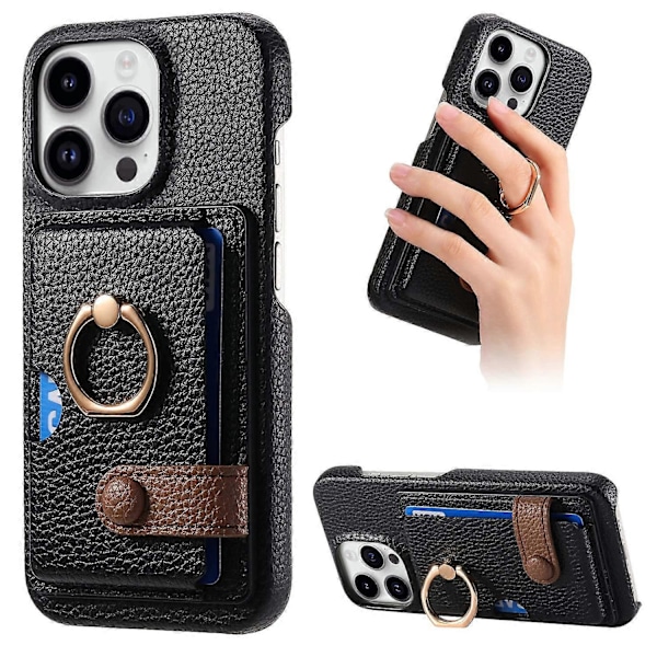 Y2 iPhone 16 Pro Max -kotelo, jossa sormipidike, jalusta, korttipaikka, nahkainen puhelimen takakuori - Date Apricot Multicolor Black