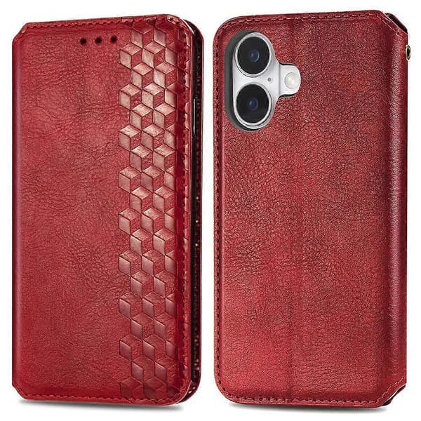 För iPhone 16 PU Läderfodral Rombmönster Plånboksställ Telefonskal - Grön Multicolor Red