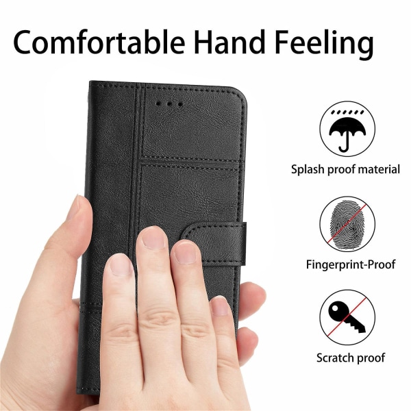 Læder Wallet Case til iPhone 15, Linje Præget Ko Læder Tekstur Stand Telefon Cover Black