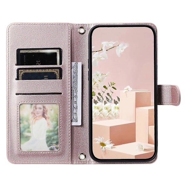 Plånboksfodral i PU-läder med rombmönster för iPhone 15 Plus Multicolor Rose Gold