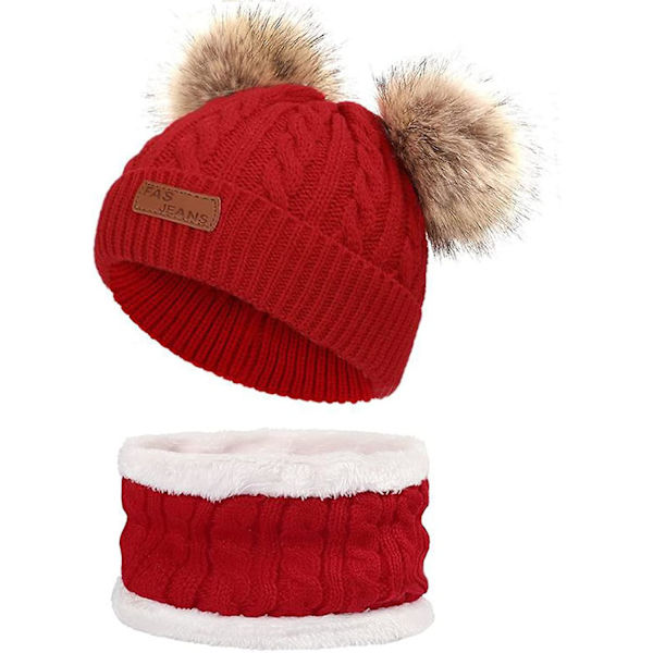 2st Toddler Baby Girl Pojke Beanie Scarf Set, 1-8t Unisex Baby Vinter Hatt Med Pompoms Och Fleece Foder Halsvärmare Set