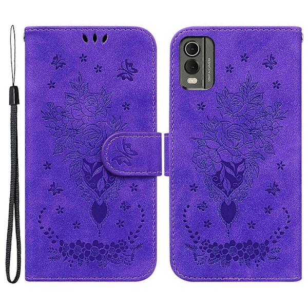 Plånboksfodral i Läder för Nokia C32, Rosfjäril Tryckt Fullt Skydd Mobilskal - Grön Multicolor Purple