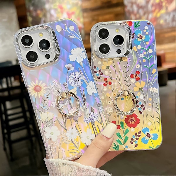 iPhone 15 Pro Max -kotelo, kukkakuvioinen lasertekstuuri, puhelimen takakansi rengaspidikkeellä Multicolor Style F