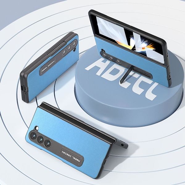 Til Samsung Galaxy Z Fold5 5g Tekstureret Pu Læderbelagt Pc Etui Støtteben Foldbart Telefoncover Sky Blue
