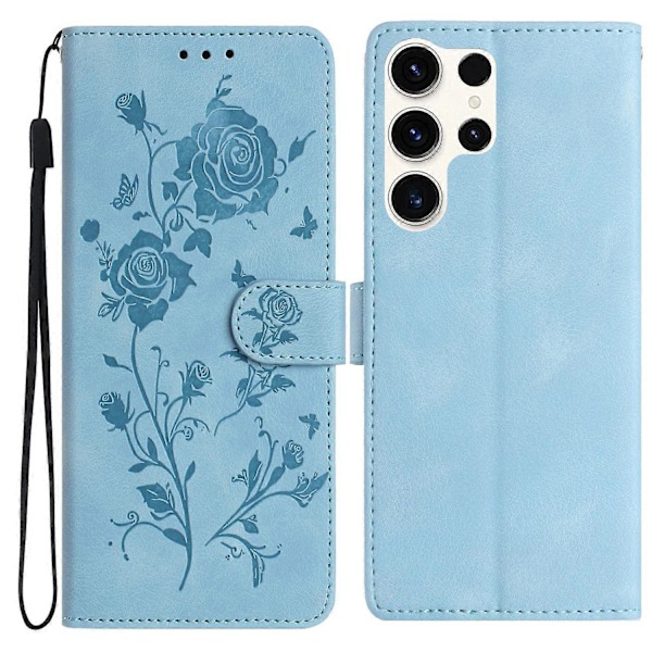 Til Samsung Galaxy S24 Ultra Wallet Case Rose Mønster Præget Læder Flip Stand Telefon Cover Multicolor Sky Blue