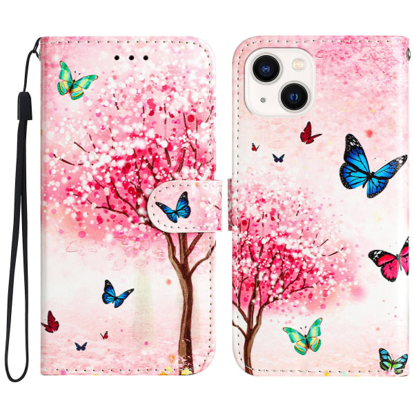 För Iphone 15 Plus Pu Läder Case Mönster Skrivbord Cover Cherry Blossoms Tree