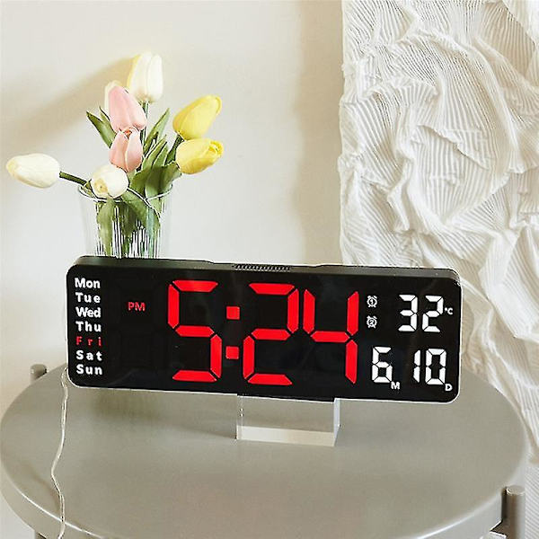 Digitalt vægur med fjernbetjening - Temperatur, dato, ugedagsdisplay - Timer og nedtællingsbordur - Dobbelte alarmer