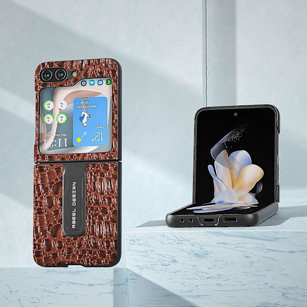 Til Samsung Galaxy Z Flip5 5G Støtteben Bagcover Ægte Koskindslæder+PC Baldakin Tekstur Telefoncover Multicolor Style B