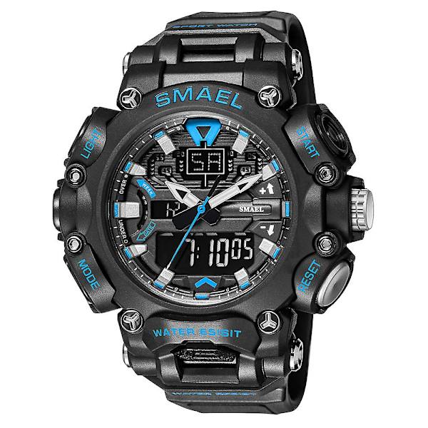 Smael Watch Herr Digital Quartz Double Display Klockor Ungdom Militär Herr Vattentät stoppur Väckarklocka Man Cool Hour Black Blue