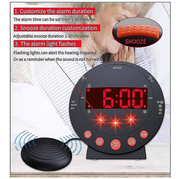 Extra hög väckarklocka, vibrerande väckarklocka med sängshaker, för tunga sovande och hörselskadade patienter