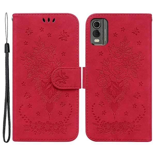 Plånboksfodral i Läder för Nokia C32, Rosfjäril Tryckt Fullt Skydd Mobilskal - Grön Multicolor Red