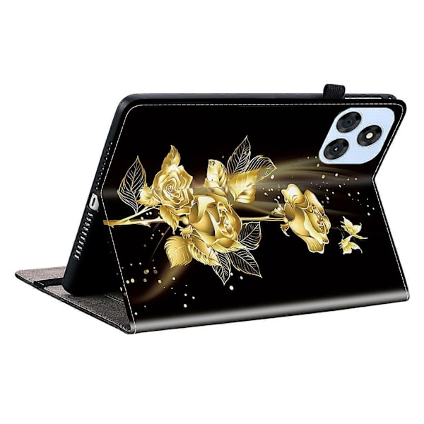 Itel VistaTab 30 -tabletin nahkakotelo, kuvioitu, jalustalla ja korttipaikoilla Multicolor Gold Butterfly Rose