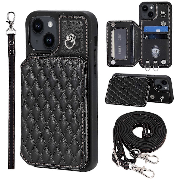Style 008 Til iPhone 15 Plus RFID Blokerende Stødsikkert Cover PU+TPU Telefon Shell med Stropper Multicolor Style A