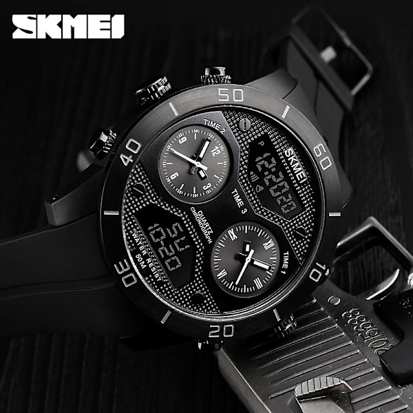 SKMEI 1355 Men Quartz 3 Time Chrono Watches Countdown Analog Digital Display Armbandsur 5ATM black