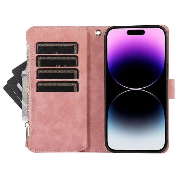 Til iPhone 16 Pro Max Case TPU+PU Læder Lynlås Lommepung Telefon Cover med Håndledsrem Multicolor Style E