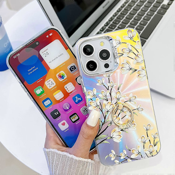 Blommig Lasertextur Skal för iPhone 15 Pro Max med Ringstativ Multicolor Style R