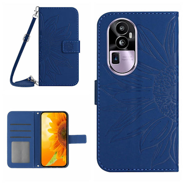 Ht04 Pu Läder Phone case För Oppo Reno10 Pro+ 5g Sunflower Imprint Cover med axelrem Sapphire