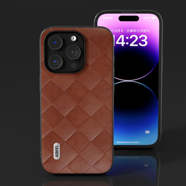 För Iphone 15 Pro Max repsäkert Pu-läderbelagd Pc+tpu Phone case Grid Texture Cover Brown