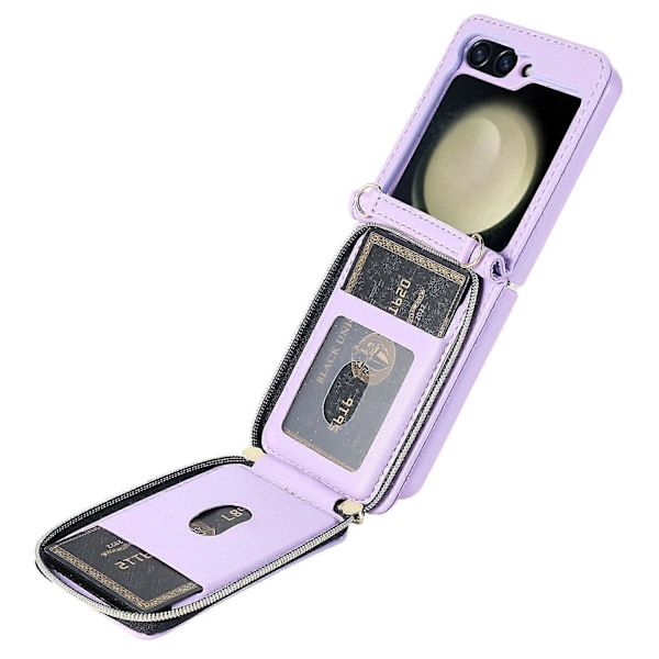 Til Samsung Galaxy Z Flip5 5G Etui Læder+PC Lynlås Telefon Cover med Håndledsrem Multicolor Style E