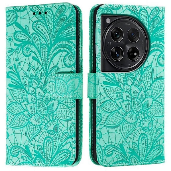 För OnePlus 12 5G Fodral Spetsblommor PU Läder Flip Plånbok Mobilskal - Multicolor Green