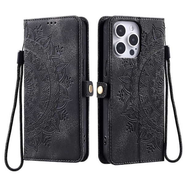 Stil 016 För iPhone 14 Pro Skal Hudkänsla Totem Präglat Plånbok Läder Telefonskal- Multicolor Black