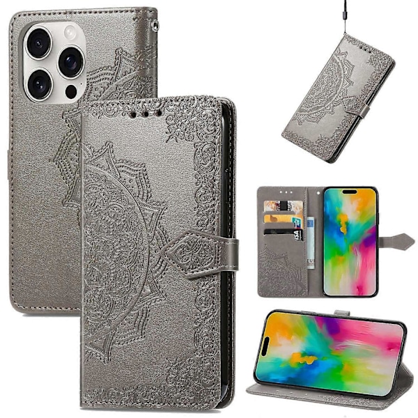 Til iPhone 16 Pro Max Wallet Case Mandala Blomst Læder Telefon Cover Stativ View-Grøn Multicolor Grey