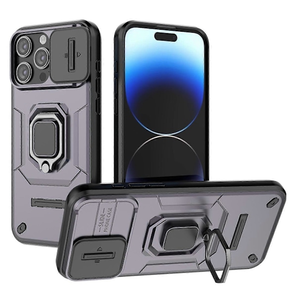 Repskyddsskal för iPhone 14 Pro, PC+TPU Telefonfodral Skjutbart Linsskydd Ställ Baksida Multicolor Style D