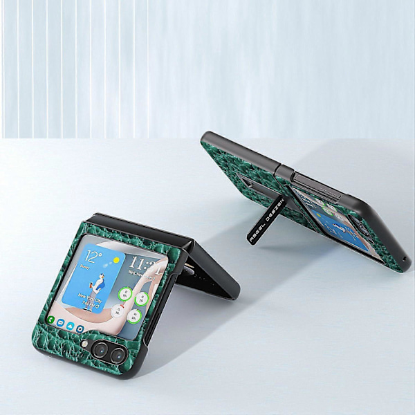 Til Samsung Galaxy Z Flip5 5G Støtteben Bagcover Ægte Koskindslæder+PC Baldakin Tekstur Telefoncover Multicolor Style C