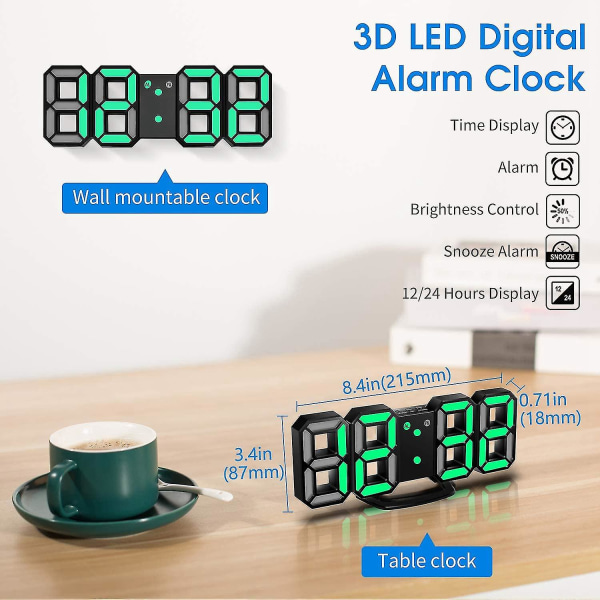 3D LED -herätyskello, jossa 3 säädettävää kirkkaustasoa ja siniset numerot