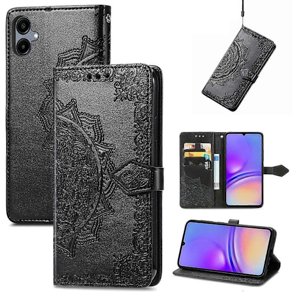 Til Samsung Galaxy A06 Etui Mandala Præget Design Læder Wallet Telefon Cover - Grå Multicolor Black