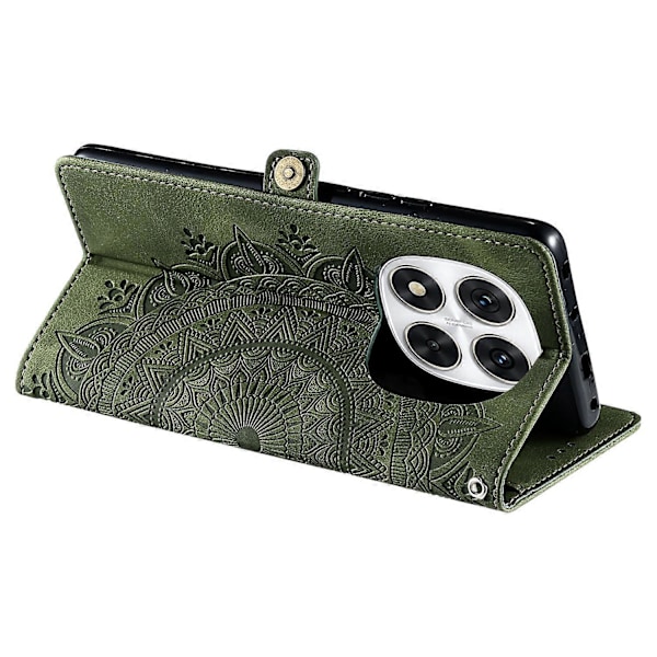 Style 016 Etui til Xiaomi Redmi Note 14 Pro 4G, hudfølelse, totem-præget pung, læder telefoncover Multicolor Blackish Green