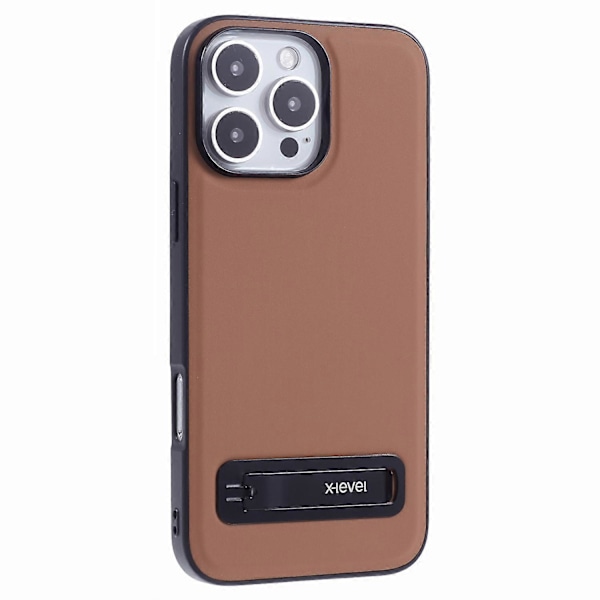 X-LEVEL Läderöverdraget PC TPU Telefon Skal med Metallstativ för iPhone 16 Pro - Multicolor Brown