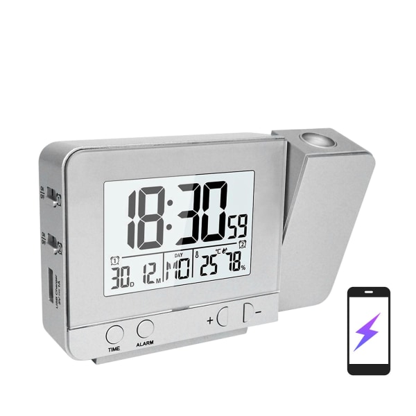 Projektionsväckarklocka för sovrum med termometer Hygrometer Digital projekt takklocka Dimbar LED-skärm med USB laddare 180vridbar med Dua Silver
