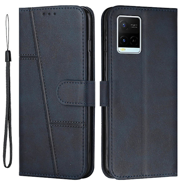 For Vivo Y33s / Y21s / Y21 Sammenleggbart Stativ Sydd Pu-Lærveske Stativ Magnetisk Lukking Støtsikker Flip Folio Bokdeksel Med Stropp Blue