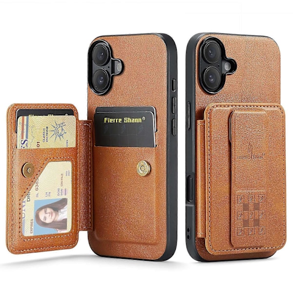 FIERRE SHANN 024 -tyylinen iPhone 16 -kotelo korttipidikkeellä ja jalustalla, vahapintainen nahka + TPU-puhelinkuori Multicolor Style E