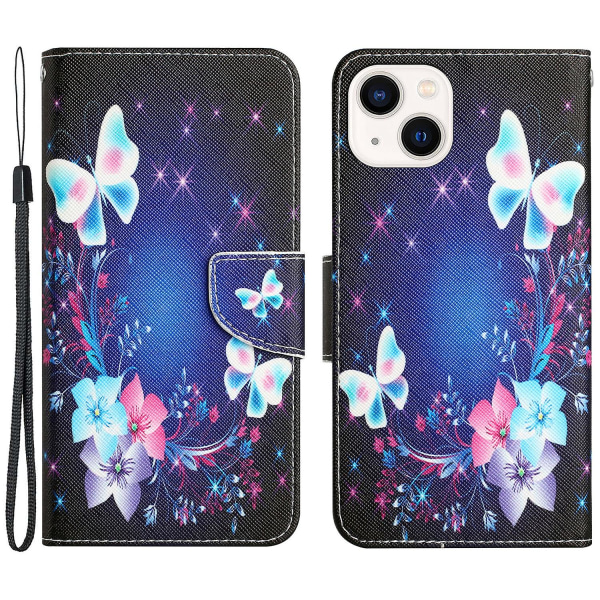 Til Iphone 15 Plus Folio Pu Læder Stand Wallet Case Mønster Print Telefon Cover Med Rem Butterfly