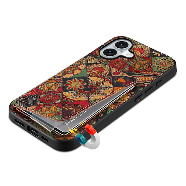 Til iPhone 16 Etui med Kortholder Blomsterdesign Læder Telefon Cover Støttefod Multicolor Style C