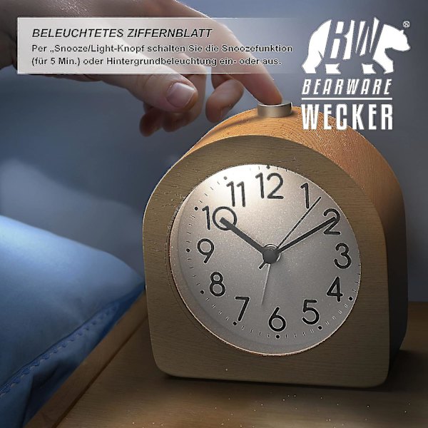 Analog Vækkeur Uden Tikken - Halvcirkelformet - Lyst Træ - Retro Design - Lydløs - Rejsevækkeur - Snooze Funktion