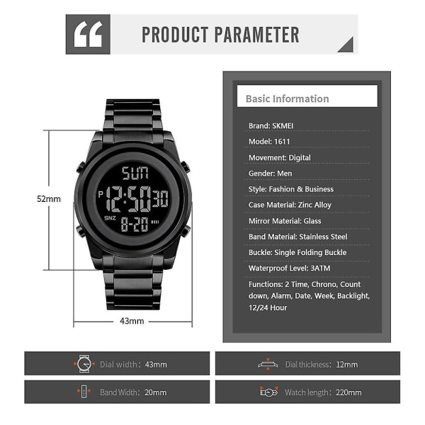 SKMEI Men Digital Business Watch Dubbel Tid Läge Datum Vecka Väckarklocka Bakgrundsbelysning 3ATM Vattentät silver