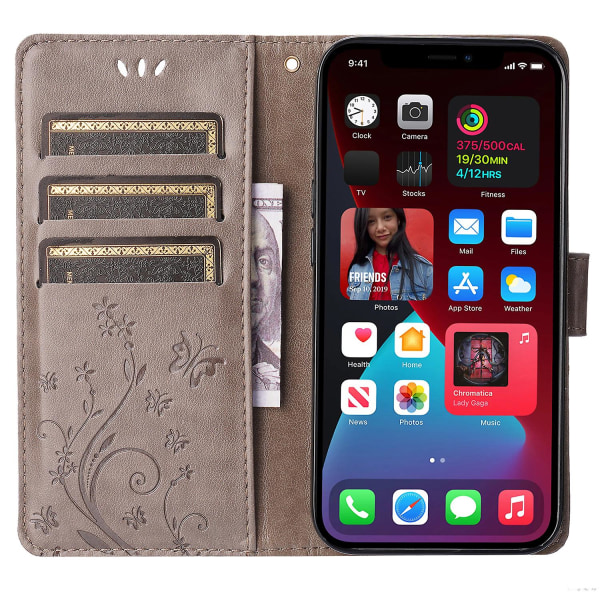 För Iphone 15 Plus Pu Läder Cover Phone case Imprinted Butterflies Shell Stand with rem Grey