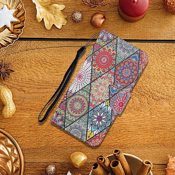 Värikäs kuvioitu PU-nahkainen puhelinlaukku jalustalla ja hihnalla Samsung Galaxy A12:lle Multicolor Style F