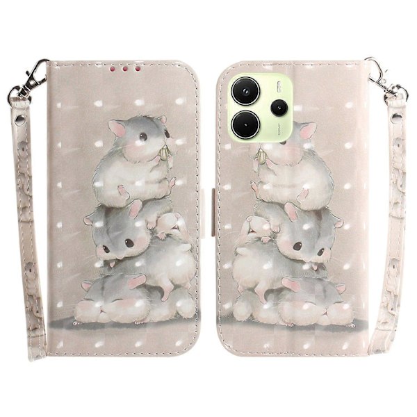 Til Xiaomi Redmi Note 14 4G Etui Mønstertryk Læder Wallet Telefon Cover med Håndledsrem Multicolor Stacking Squirrels