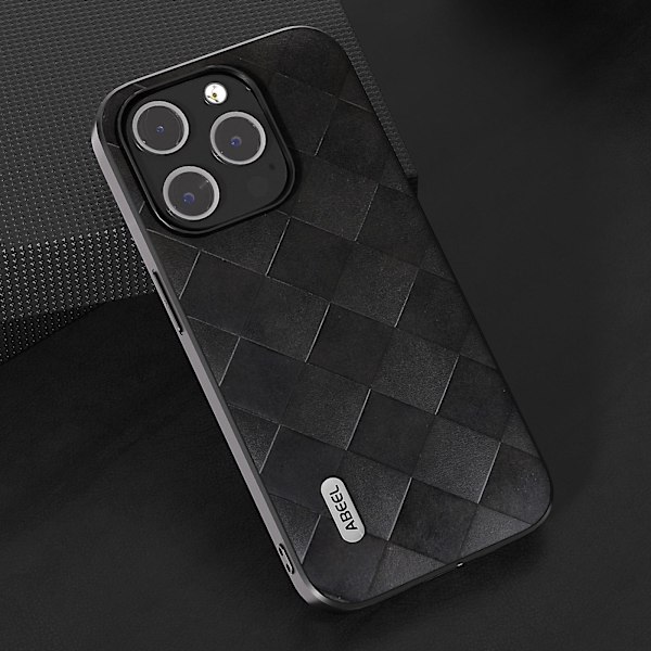För Iphone 15 Pro Max repsäkert Pu-läderbelagd Pc+tpu Phone case Grid Texture Cover Black