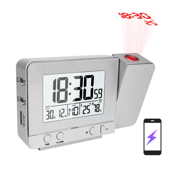 Projektionsväckarklocka för sovrum med termometer Hygrometer Digital projekt takklocka Dimbar LED-skärm med USB laddare 180vridbar med Dua Silver